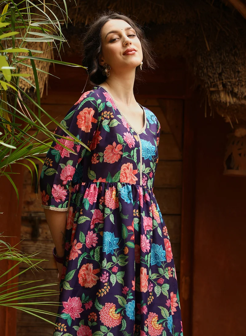 Qissa  Women's Amethyst Purple Flora Cluster Kurta With Trousers And Dupatta For Casual Wear | V-Neck | Quarter Sleeves | 3 Piece Kurta Set Designed With Comfort Fit For Everyday Ethnic Wear for Women | Best Price UAE
